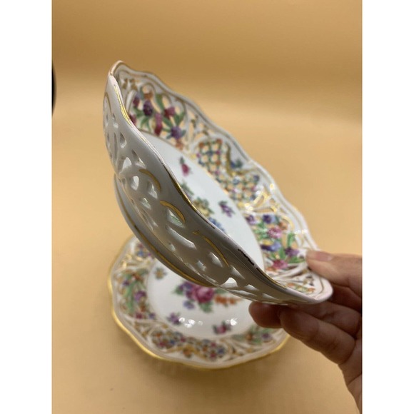 VTG DRESDEN Schumann Porcelain Reticulated Candy/Nut Dish and Bowl Floral Gold - Picture 4 of 13